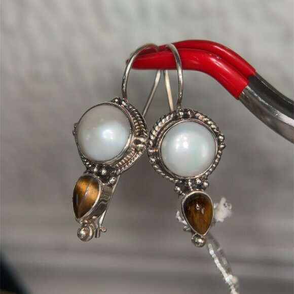 925 Silver Pearl/Tiger Eye Earrings - Picture 3 of 8